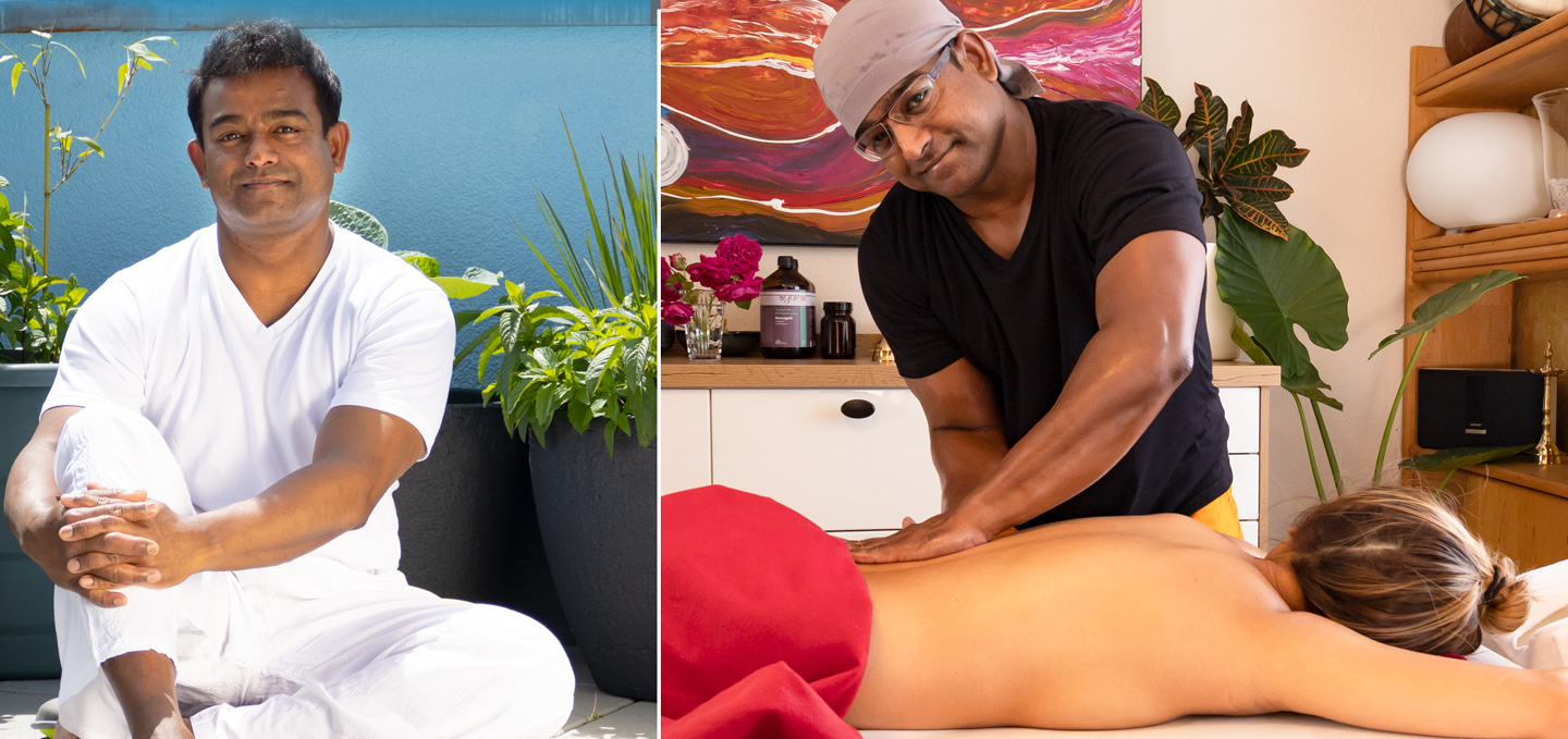 Bild: links im Bild: Pragash Irudayam nach der Meditation, rechts im Bild: Pragash Irudayam bei der Kalari Massage in liebevoll eingerichteten Praxisräumen in Markdorf am Bodensee Bild: links im Bild: Pragash Irudayam nach der Meditation, rechts im Bild: Pragash Irudayam bei der Kalari Massage in liebevoll eingerichteten Praxisräumen in Markdorf am Bodensee